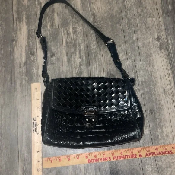 BRAHMIN Black Croc Embossed / Woven Leather Shoulder Bag